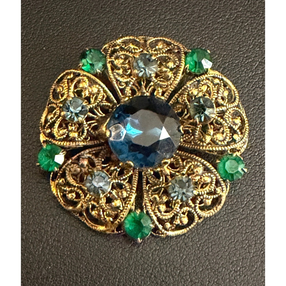 Vintage CZECH Rhinestone Brooch Blue Green Gold Tone Filigree